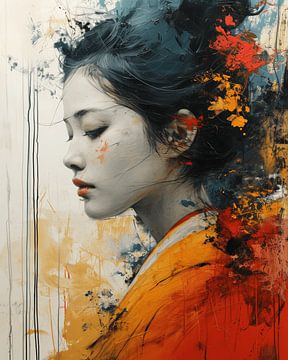 Modern en deels abstract portret van een jonge Aziatische vrouw van Carla Van Iersel