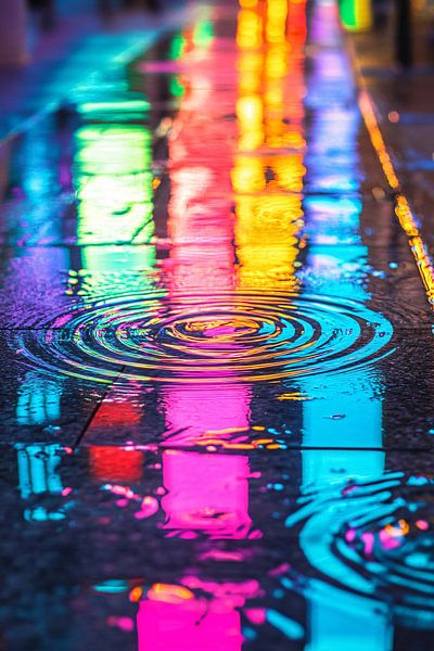 Regenpfützen mit Neon-Reflexion von Art & Soul Creations