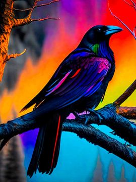 Kleurrijk kunstschilderij van een regenboogkraai van A.D. Digital ART