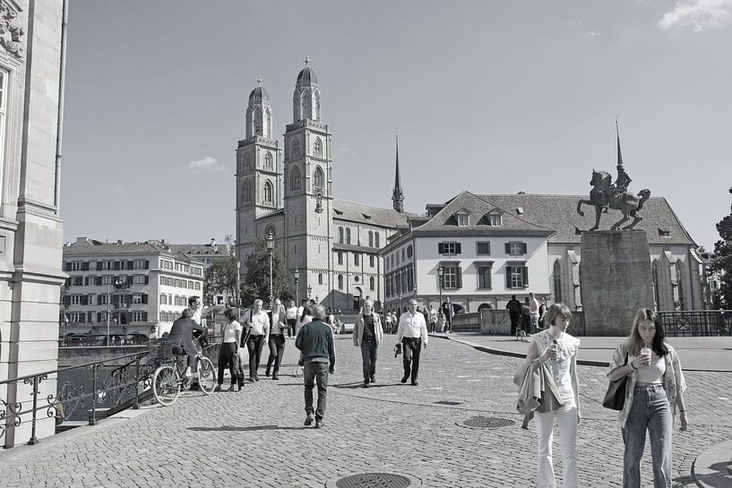 Zurich - Cathedral bridge and Grossmünster church (black and white) by t.ART