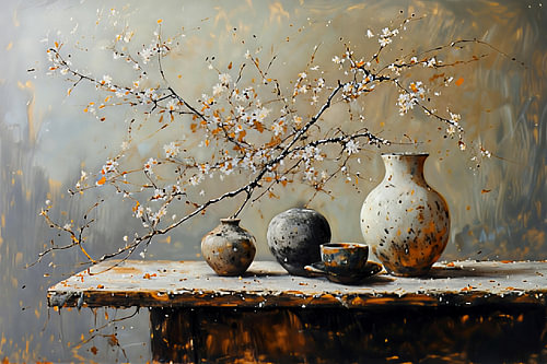 Une vieille table en bois usée par les intempéries avec des vases en poterie et des branches fleuries wabi sabi .