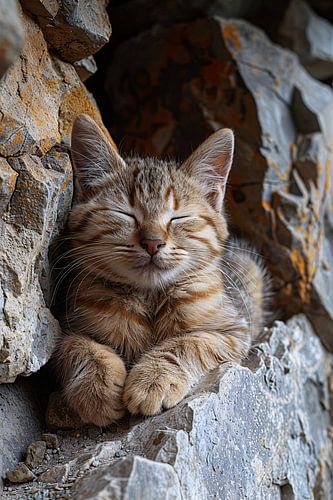 Jonge kat slaapt vredig tussen rotsen