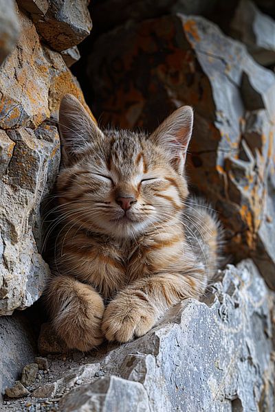 Junge Katze schläft friedlich zwischen Felsen von Art & Soul Creations