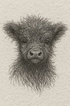 Draad portret jonge Schotse Hooglander (kalf baby koe zacht pluizig schattig lief kinderkamer)