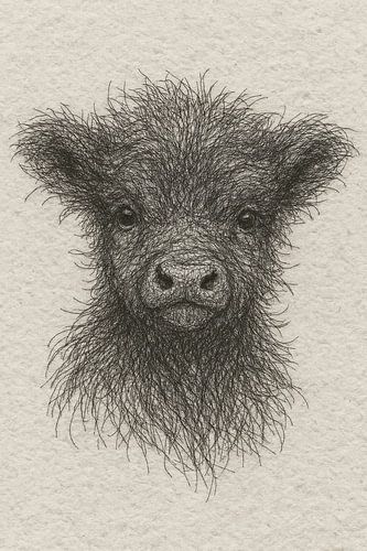 Draad portret jonge Schotse Hooglander (kalf baby koe zacht pluizig schattig lief kinderkamer)