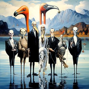 Flamingos Vogelmenschen Wasser Spiegelung surreal See