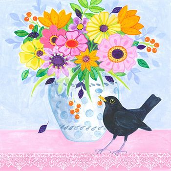 Amsel und Blumenstrauß
