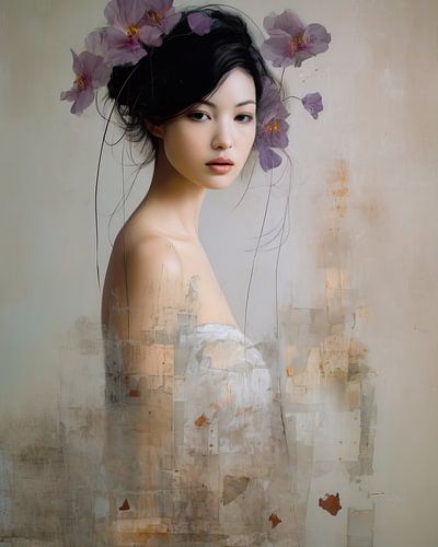 Portret in collage stijl met paarse en gouden accenten