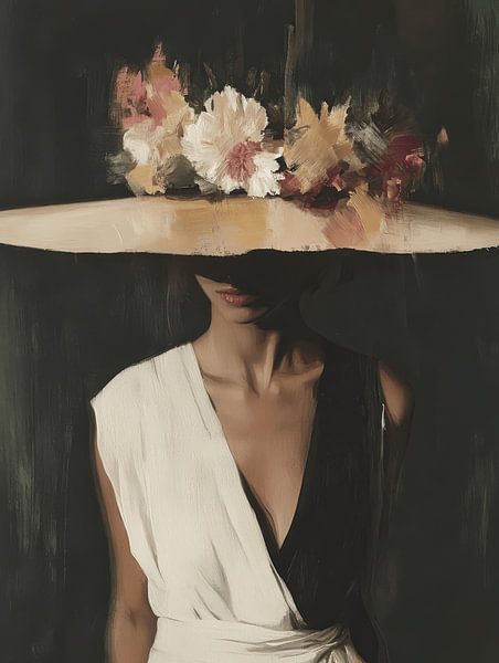 Modern en abstract portret "De dame met de hoed" van Carla Van Iersel