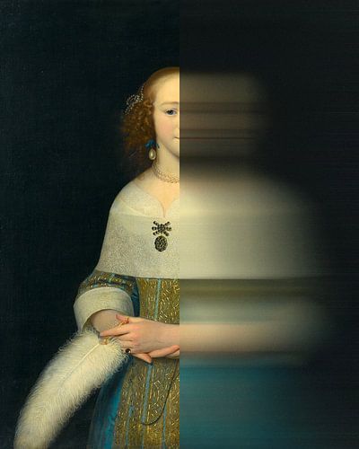 Portrait of a young woman with feather in hand, original (1656) by Isaack Luttichuys