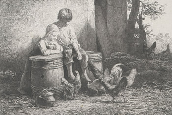 Twee kinderen voeren kippen van Charles Emile Jacque uit het Rijksmuseum