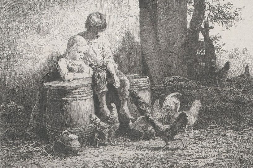 Two children feeding chickens" by Charles Emile Jacque from the Rijksmuseum by Kleurenrijk