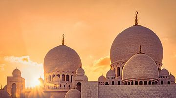 Koepels van de Sheikh Zayid Moskee bij zonsondergang in Abu Dhabi VAE van Dieter Walther