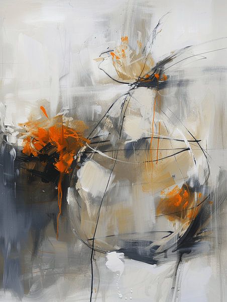Modern abstract still life in white, black and orange by Japandi Art Studio