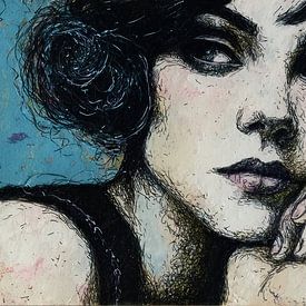 Frauenporträt in leuchtenden Farben | Frau vor buntem Hintergrund von Abstraktes Gemälde