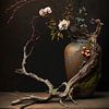 Surrealist still life with flowers and a bird by Digitale Schilderijen