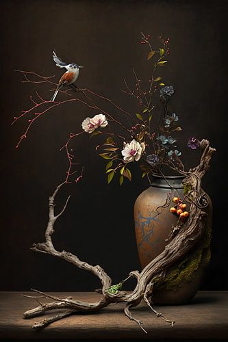 Surrealistisches Stilleben mit Blumen und einem Vogel