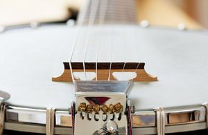 Detail eines metallischen Banjos mit 6 Saiten als Musikhintergrund, ausgewählter Fokus und enge Schä