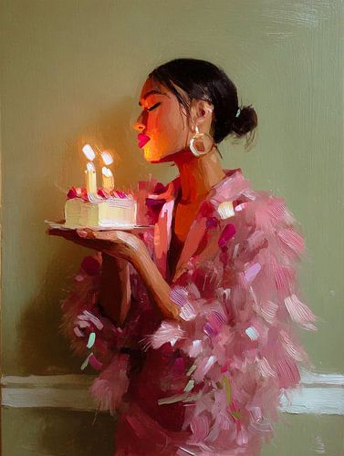 Frau in rosa Partykleid mit Geburtstagskerzen in warmer malerischer Atmosphäre