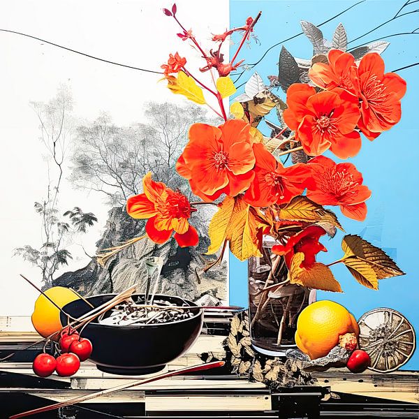 Floral still life with cherries and lemons by Vlindertuin-Art