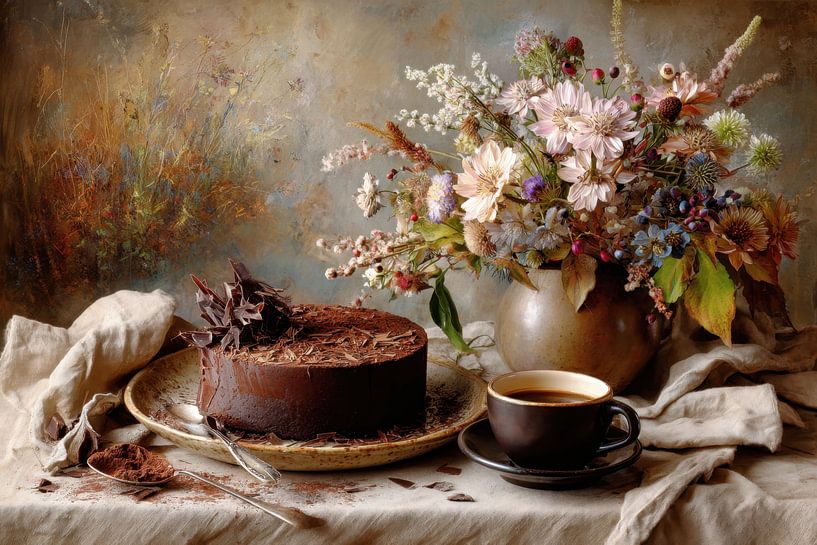 Chocolate Cake and Flowers - Quiet Romantic Still Life by Joriali photography and paintings