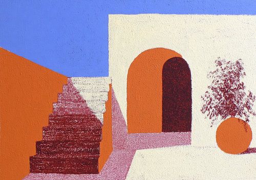 Architecture méditerranéenne dans les tons orange et bleu sur Niklas Maximilian