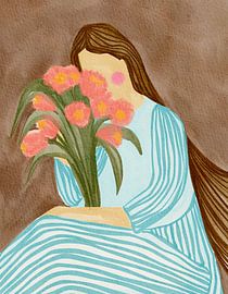 Shy Woman Pink Tulips by Nikita Jariwala