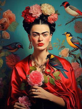 Portrait de Frida avec des oiseaux et des roses sur Frank Daske | Foto & Design