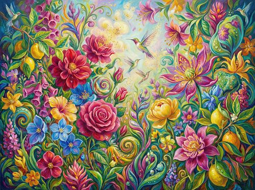 Floral Painting with Flowers, Fruits, Foliage, and Hummingbirds