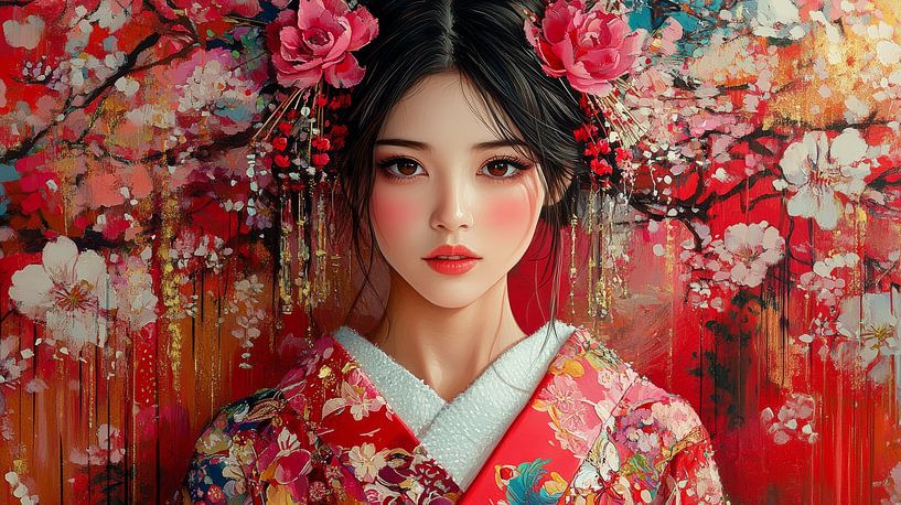 Japanische Frau im roten Kimono von Lufy