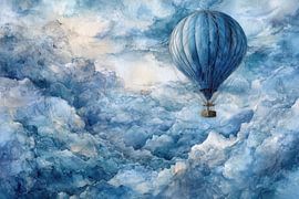 Blue Hot Air Balloon in Clouds - Dreamy Painting by Peter Pen Drawings and Paintings