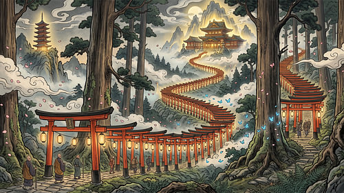 Sacred Torii Path Through Ancient Mountain Forest