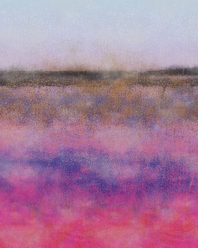 Abstract minimalist landscape in neon pink, blue, yellow and brown by Dina Dankers