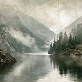 Ruhiger Bergsee im Nebel – Zeitlos abstrakt von BowiScapes – Kunst und urbane Wandgestaltung