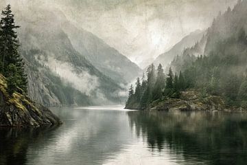 Ruhiger Bergsee im Nebel – Zeitlos abstrakt