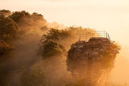 Kasteelruïne Altdahn rotsspoor in de mist