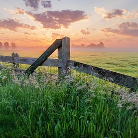 Boerenhek in het weiland bij kleurige zonsopkomst van Sjaak den Breeje
