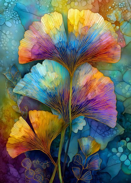 Painterly florals Evergreen Ginkgo Biloba 1 by JBJart Justyna Jaszke