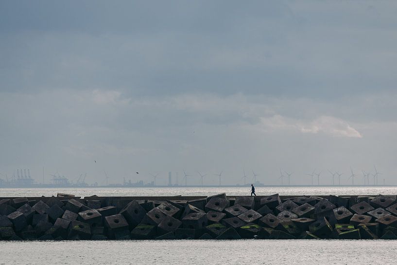 Lonely walker on Scheveningen's harbour jetty by Sander de Vries