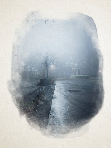 A melancholic, misty park path at night, with diffused lights and wet paving stones in a serene autumnal park