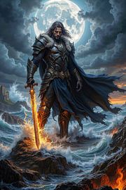 Dark Fantasy Décoration Murale: VALENOR – Un Chevalier avec son Épée Enflammée sur la Côte