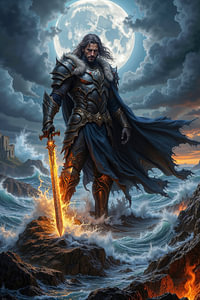 Dark Fantasy Wandbild: VALENOR – Ein Ritter mit seinem Flammenschwert an der Küste