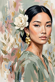 Portrait floral serein d'une femme élégante en vert sauge sur Zala Creative