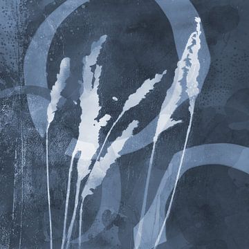 Modern abstract botanical art. Grass on blue watercolor. by Dina Dankers