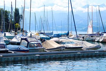 Boten in een haven aan het meer van Thun in Zwitserland van Marvin Taschik