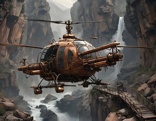 fantastic helicopter flies in a deep gorge