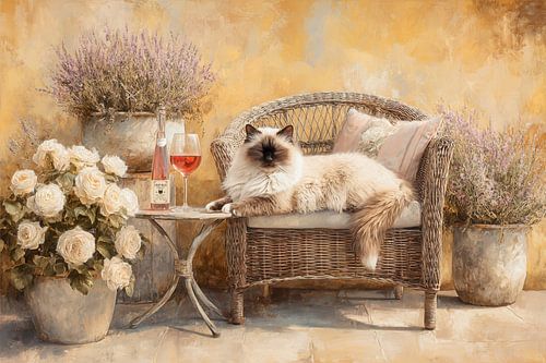 Rotan Stoel met Kat -  Rustiek Bohemian Stilleven