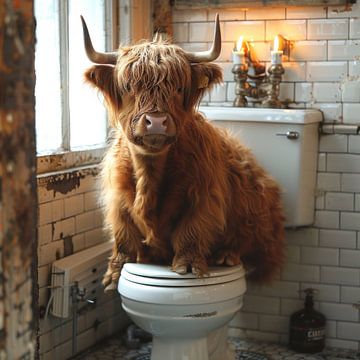 Highland cattle on the toilet: humorous bathroom decoration by Felix Brönnimann