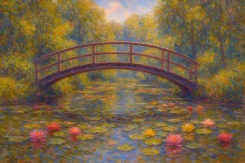 Park met brug en vijver schilderij.