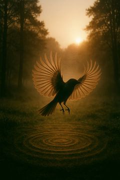 Verlichte Vogel in de Ochtendmist: Een Magische Ontwaking van But First Framing